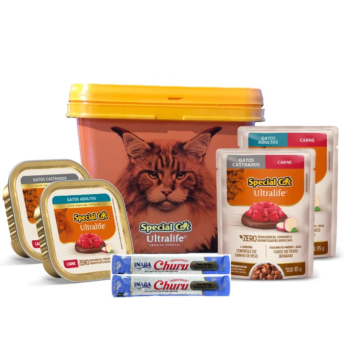 KIT PETISCO GATOS SPECIAL CAT PATÊ + SACHÊ + PETISCO + BALDE COM BRINDES