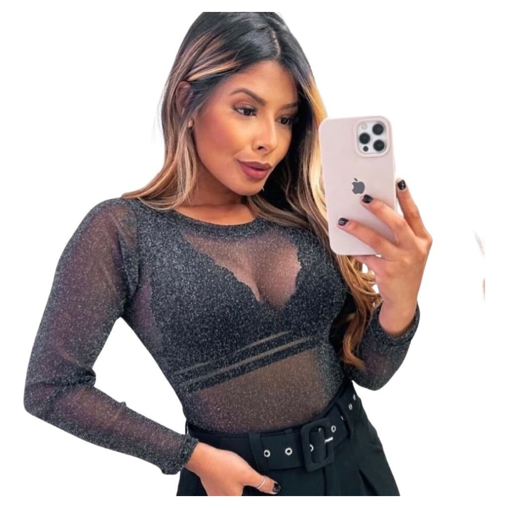Body Blusa Lurex Brilho Manga Longa Plus Size Tule Elastano