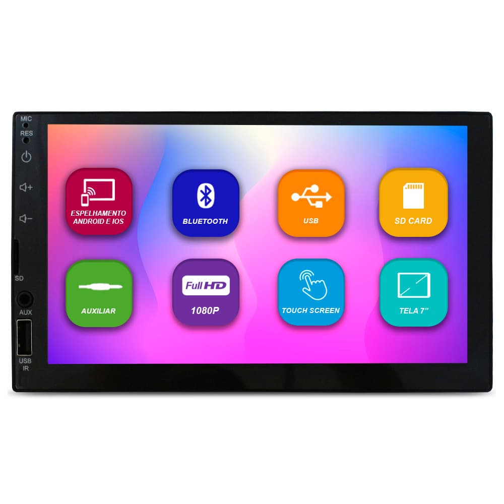 Central Multimidia 7 Pol Espelhamento Android Ios E-Tech Light 2 Din Full Hd Bluetooth Usb Fm Comando Volante