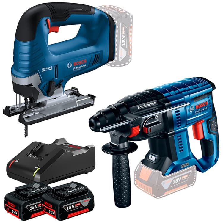 Kit Serra Tico-Tico GST 185-LI + Martelete Rotativo Rompedor SDS GBH 180-LI + 2 Bateria 4Ah + Carregador Rápido Bosch