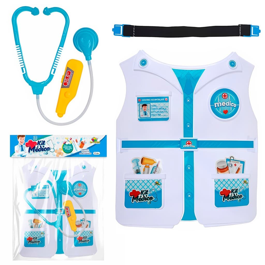 Colete Medico Infantil Azul Com Estetoscopio De Brinquedo Profissao Menino Com Termometro - Art Brink