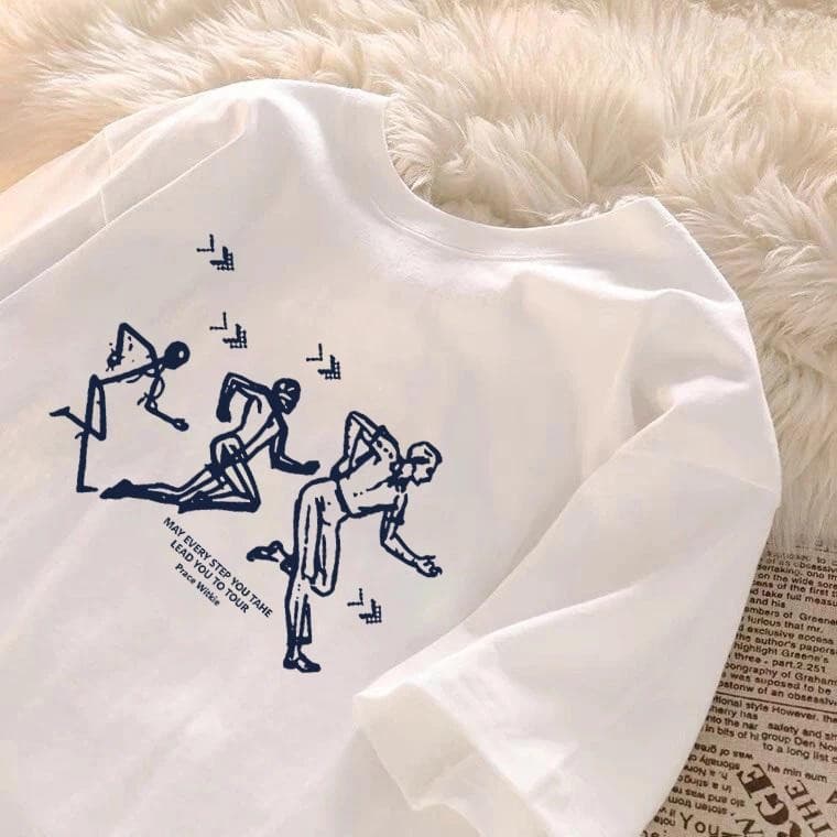 2025 Verão 100 % Algodão Manga Curta Camiseta Feminina Moda Esportes Impressão Retro Em Torno Do Pescoço Topo Solto Tama