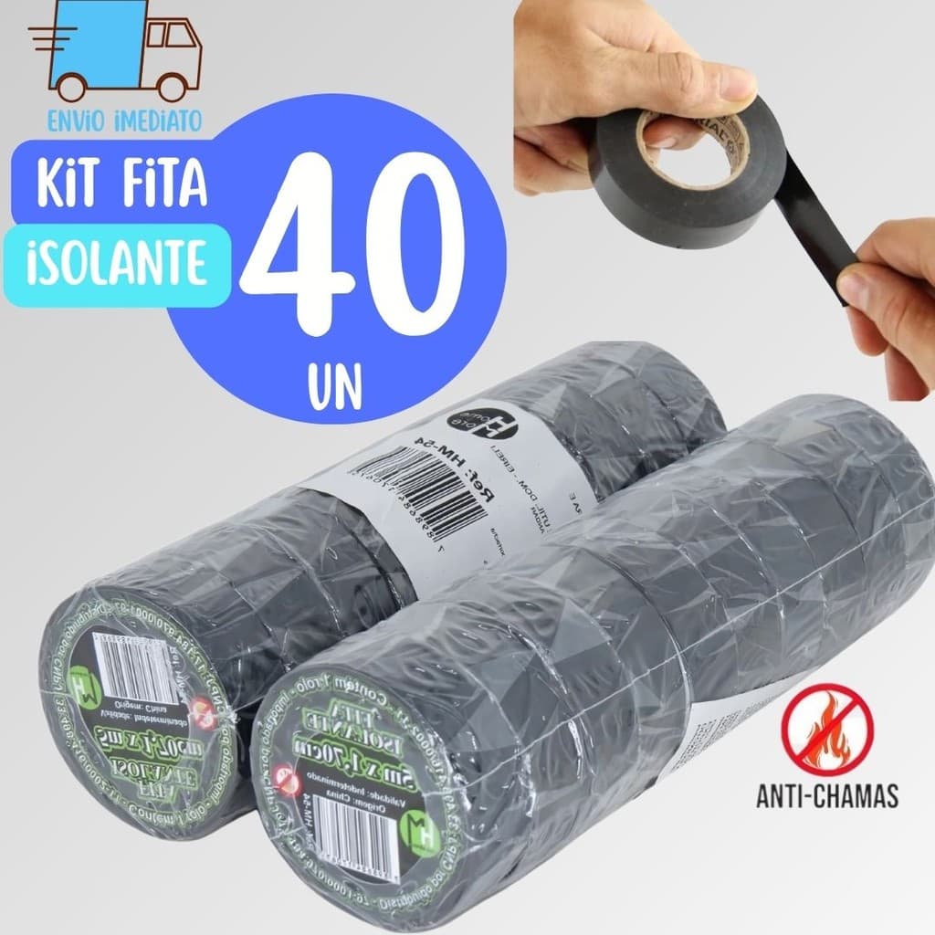 Kit 40 Fitas isolante 5 metros Antichama Preta para Eletricista uso Geral Domestico e Industrial