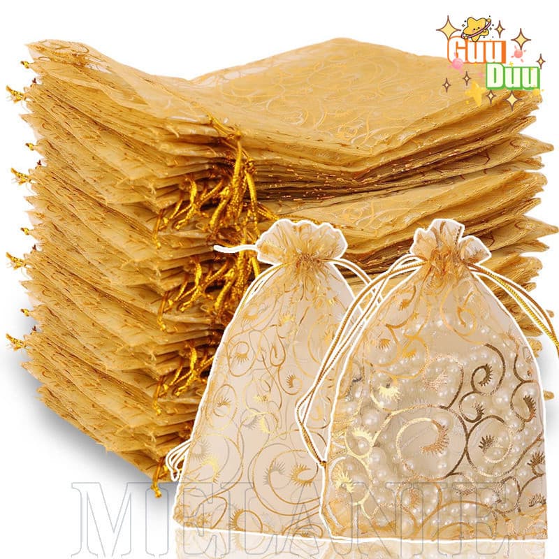 [GuuDuu] [Feliz Natal] Sacola Para Presente Com Cordão-Sacos De Malha De Organza Estampados A Ouro-Bolsa Embrulho De Doc
