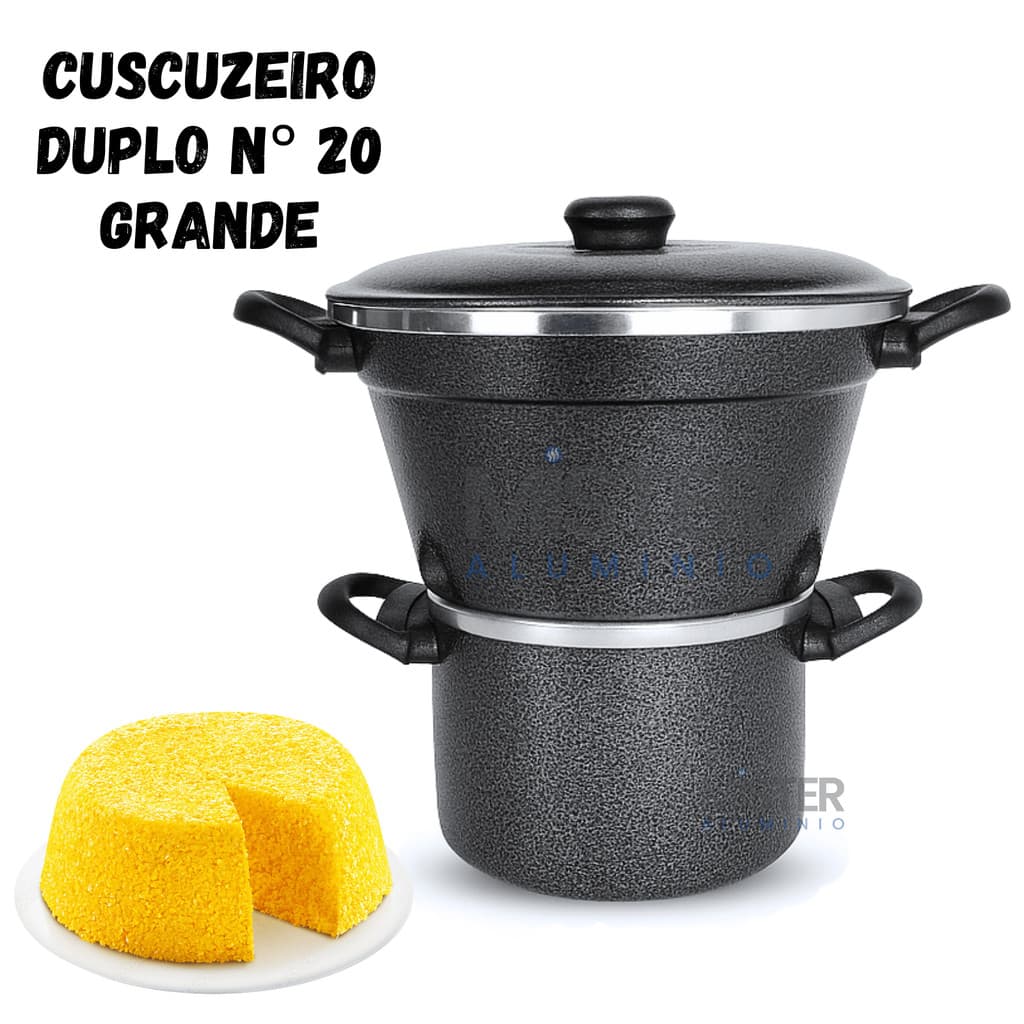 Cuscuzeiro Nordestino Duplo nº 20 com Duas Tampas e Caneco Fervedor Faz Cuscuz Legumes e Banho Maria
