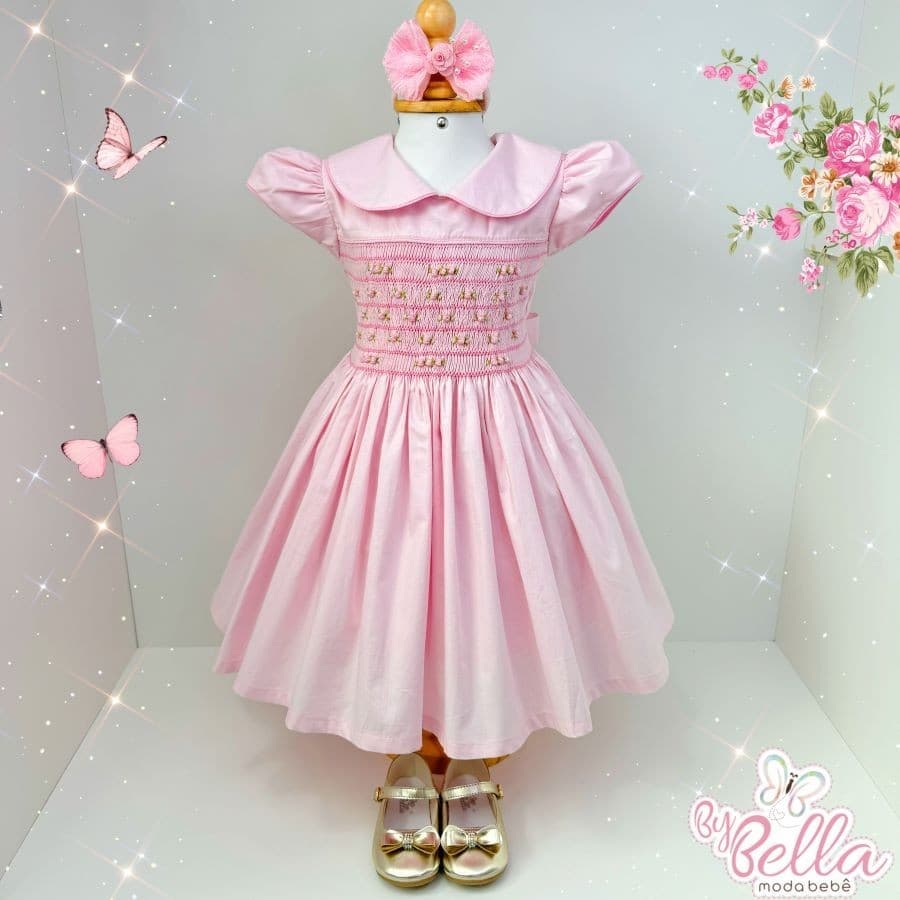 VESTIDO INFANTIL PONTO SMOK BORDADO FESTA MENINA CHARLOTE ROSA BEBÊ