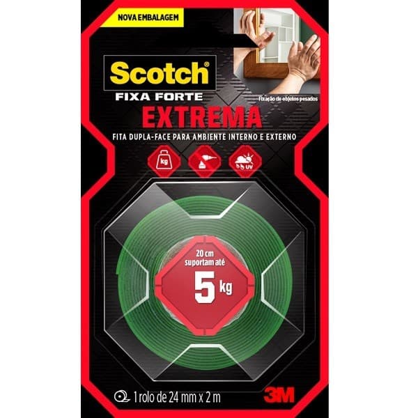 Fita Dupla Face 3M EXTRA Forte 5KG Fixa Forte Extrema 24MM X 2M