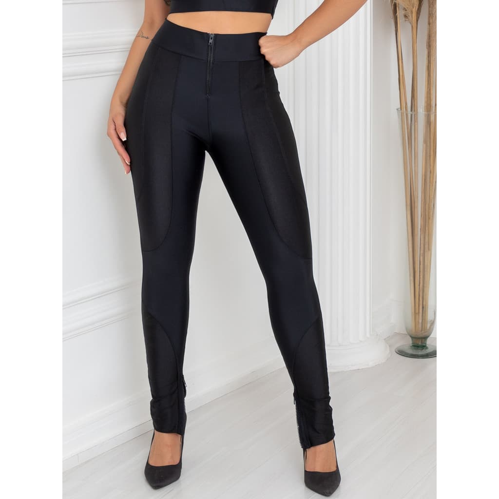 Calça Montaria Skinny com 3 Zíperes e Acabamento em Poliamida Acetinada