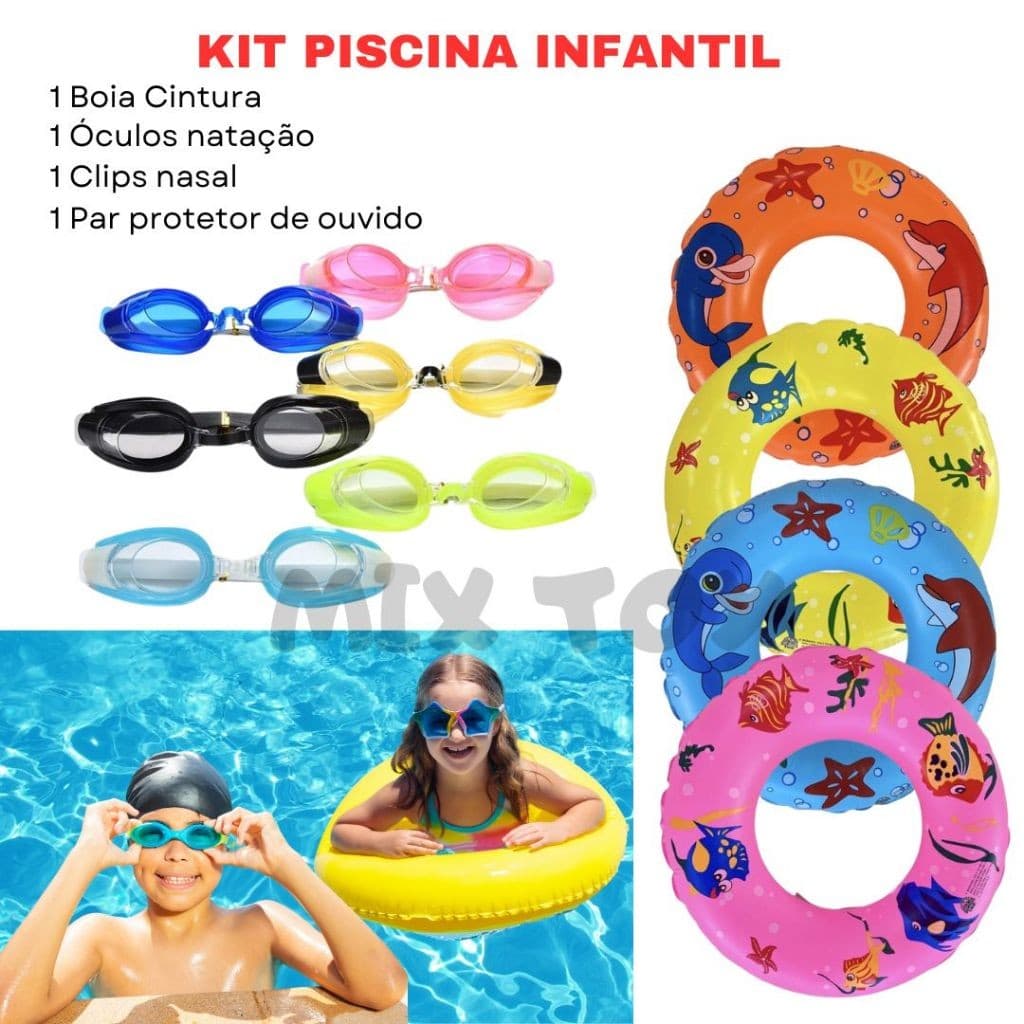 Kit Boia Cintura Infantil + Óculos Natação Piscina Clips Nasal e Protetor Auricular