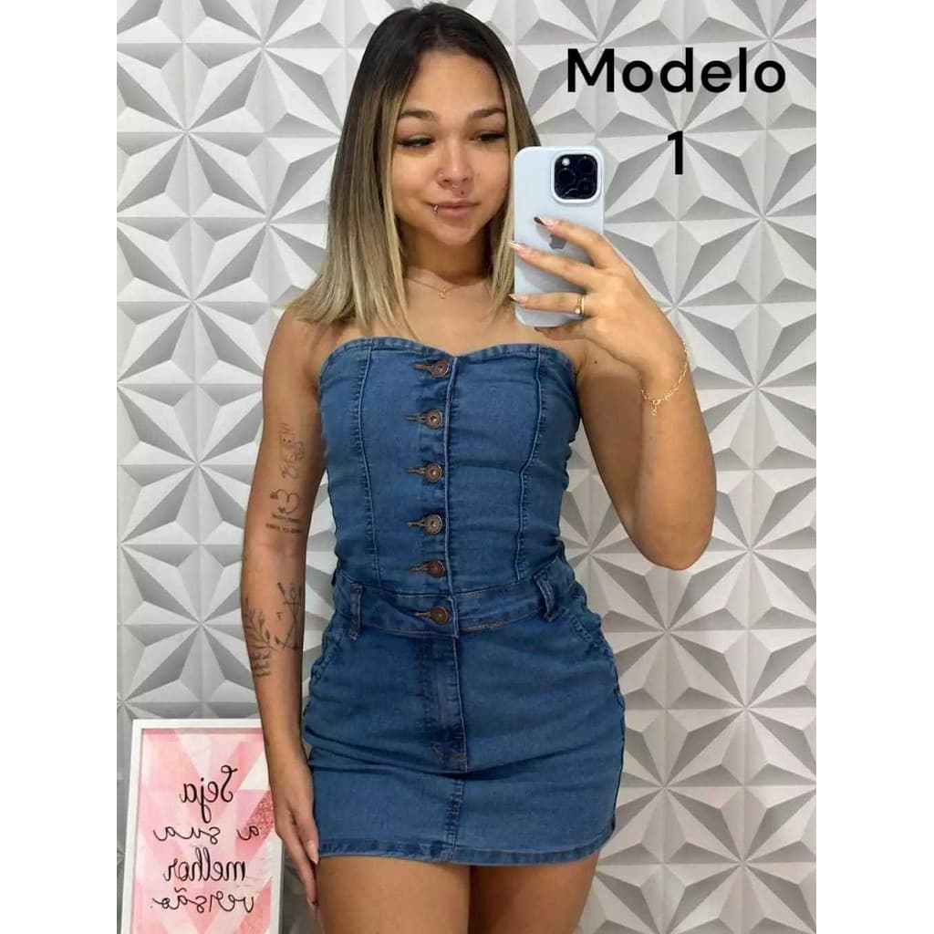 Vestido Jeans Curto Tomara Que Caia Com Botão Com Elastano
