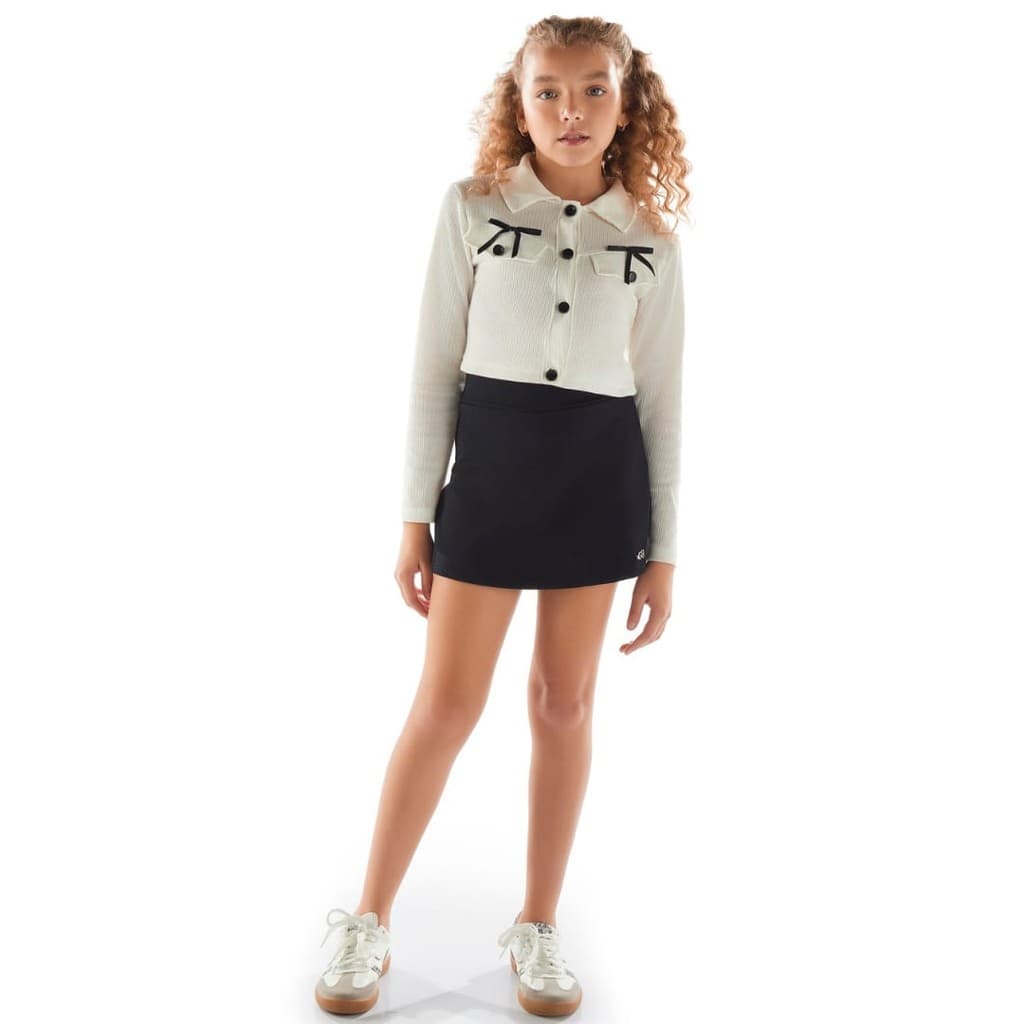 Conjunto Juvenil  Blusa laços E Short Saia Off/Preto - Menina Anjo