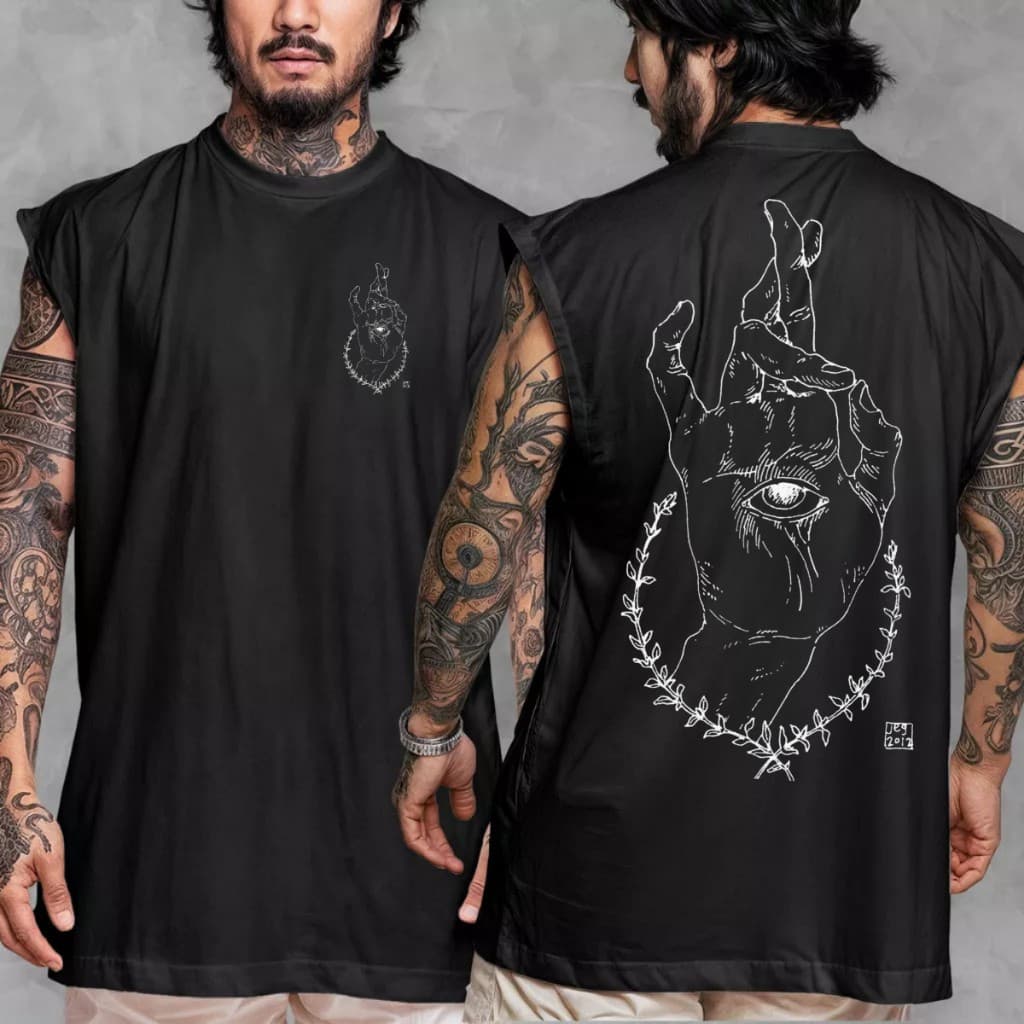Camiseta Oversized Regata 100% Algodão Premium Estampada Mao Olhos