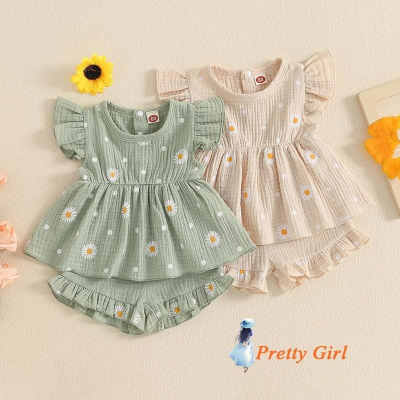 Mellifluous-Conjunto De 2 Peças Para Bebês Meninas Com Estampa De Margaridas E Babados , Gola Redonda , Manga Voadora