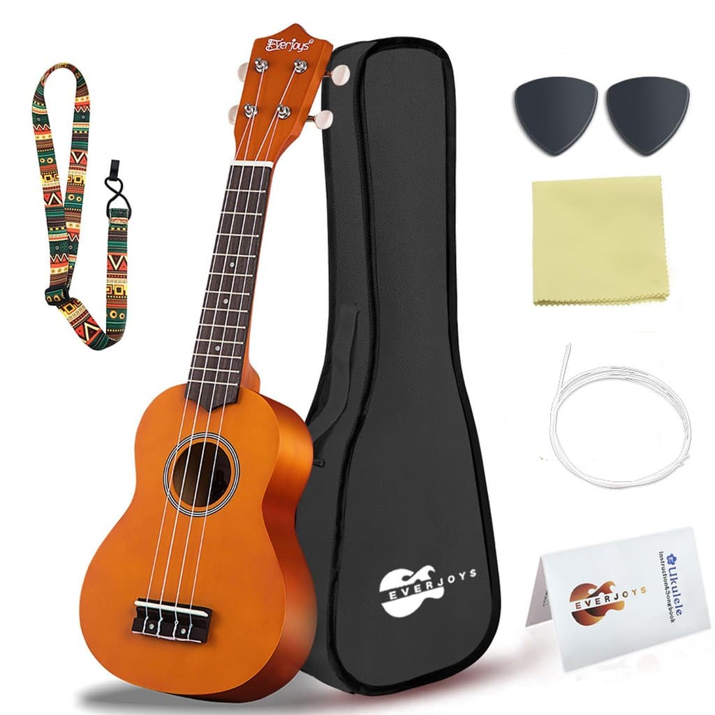 Pacote para iniciantes de ukulele soprano de 21" com bolsa para cordas, ukulele de madeira, livro de canções de aprendi