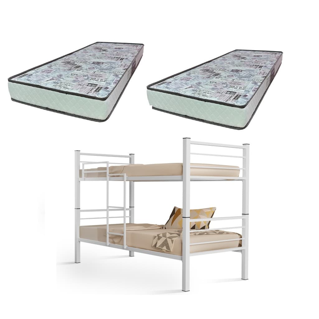 Beliche 100% Ferro/Aço Cristal Vira 2 Camas grade Proteção e Escada + 2 Colchões D-23 -Gazin -Branco