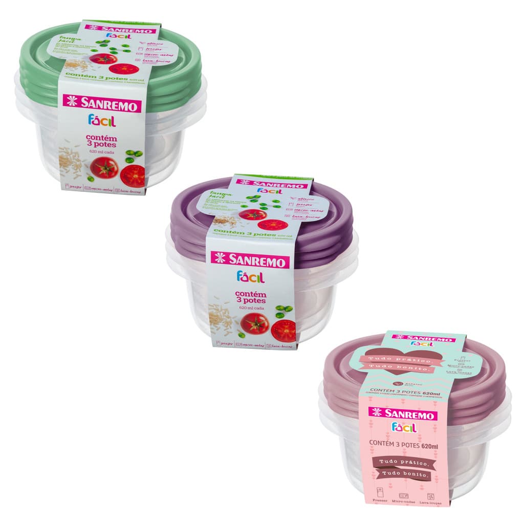 Conjunto 3 Potes Plastico Sanremo 620ML - Cores Aleatórias