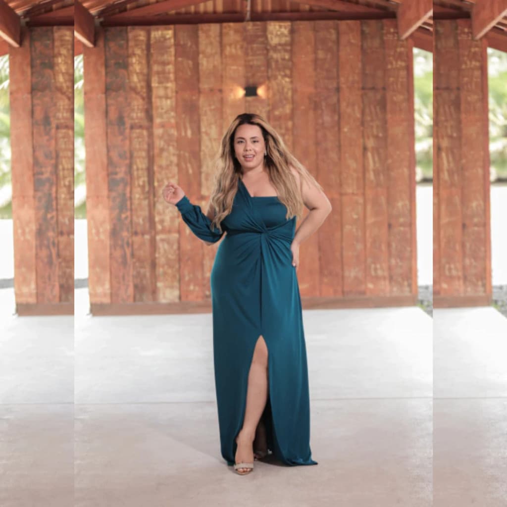 Vestido Longo Azul Turquesa Elegante Um Ombro Só Fenda Drapeado Feminino Festa Formatura Casamento
