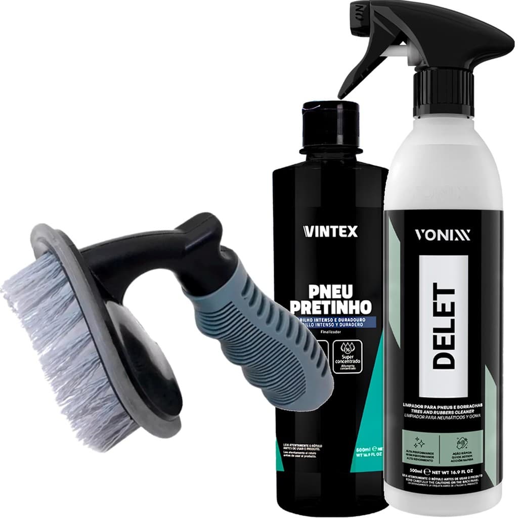 Kit Delet Vonixx + Pneu Pretinho Vintex e Escova Tratamento de Pneus