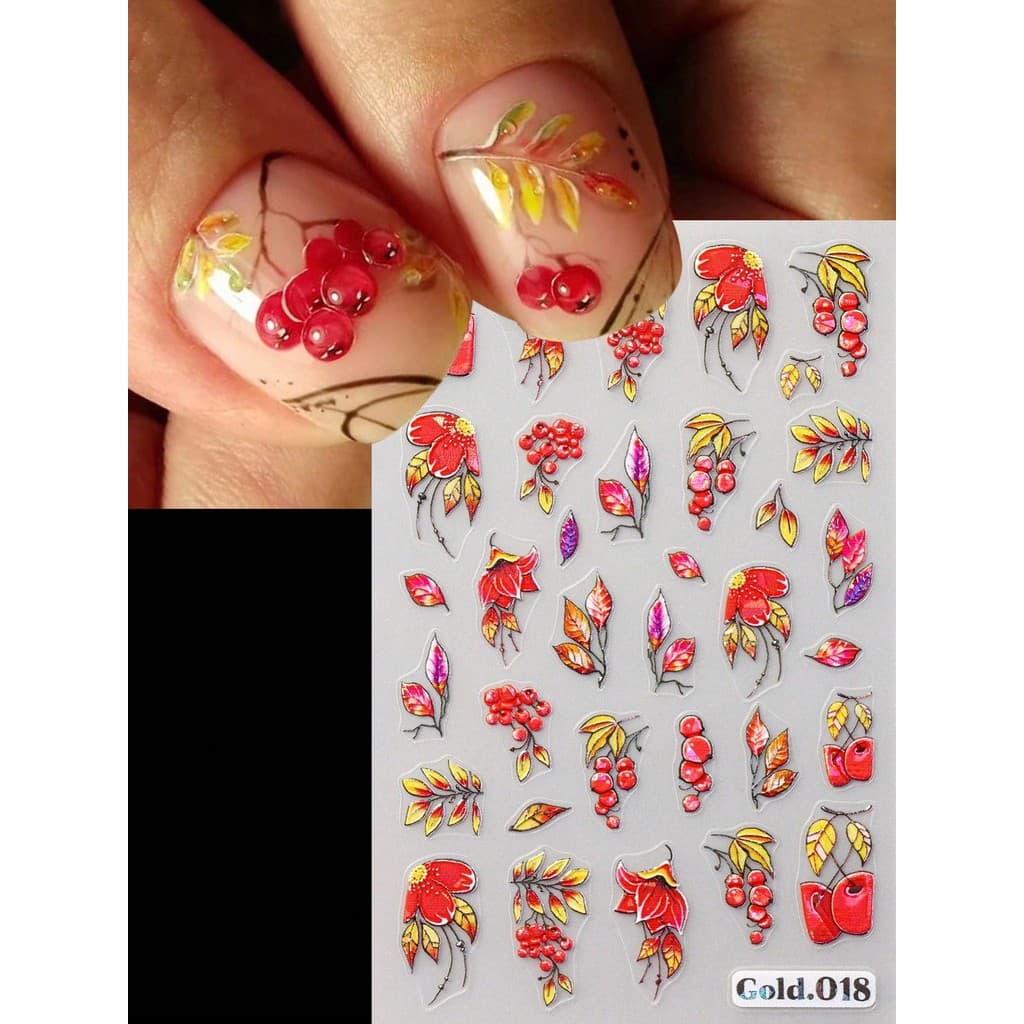 Adesivos De Arte De Unhas De Abóbora De Outono-Gold016-Decalques Autoadesivos Em Relevo 3D-Folhas , Frutas E Ginkgo-Tons
