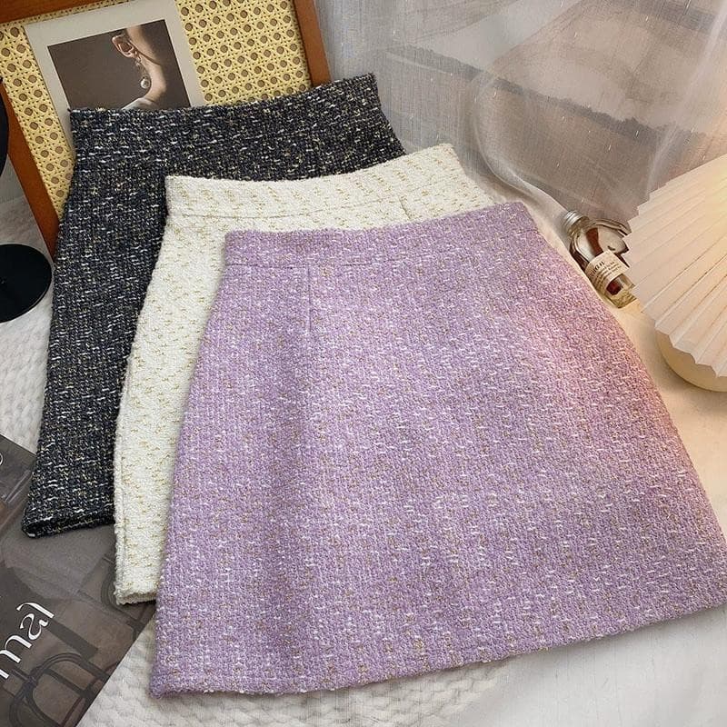 2024 Tweed Cintura Alta Anti-reflexo A-line Hip Saia Feminina Saia Roxa