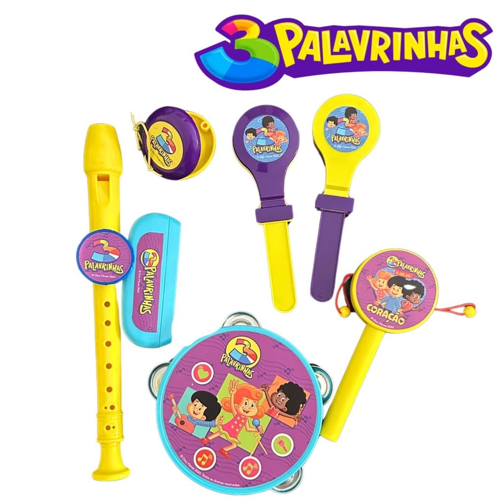 Kit Musical Infantil 3 Palavrinhas – Pandeiro Flauta Tambor Chocalho | Brinquedo Gospel 3 Anos+