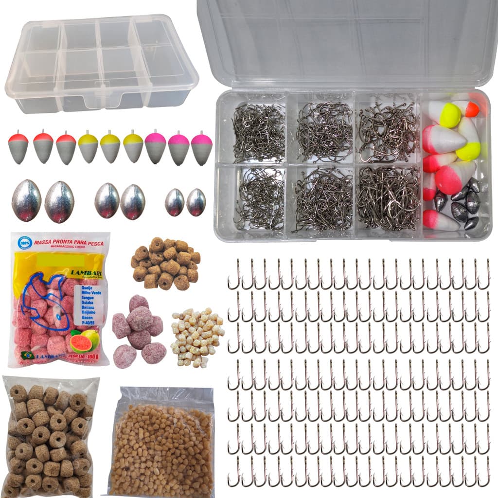 Kit Pesca Completo 300 Anzóis Diversos Estojo Organizador Chumbos Boias Massa Pronta Pesca Ração Furadinha
