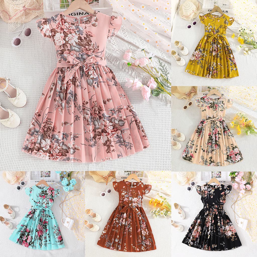 Vestido Infantil 5-11 Anos Manga Curta com Cinto e Prega Diamante Florado e Lavável Multicores Preto Rosa Amêndoa