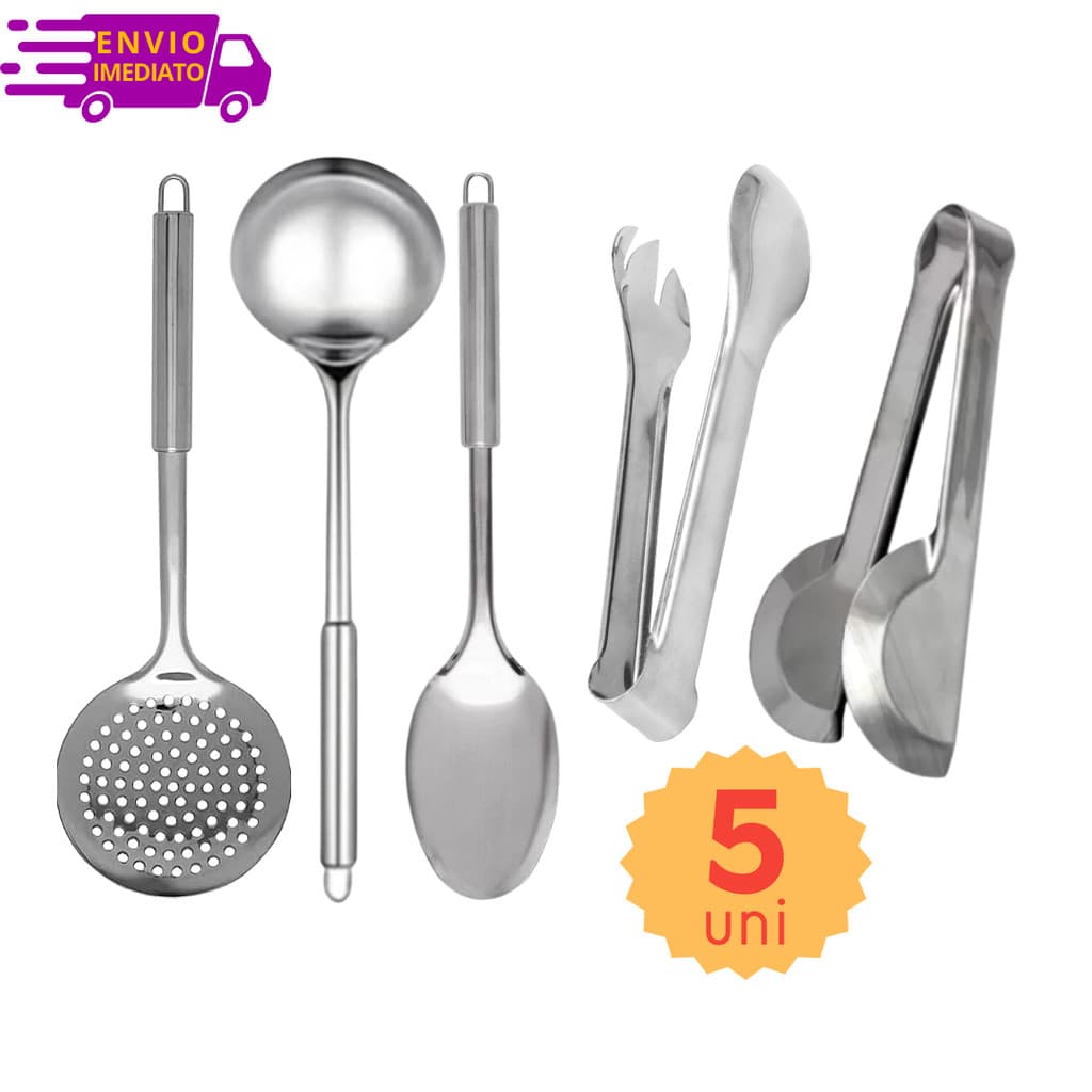 Kit de Utensílios de Cozinha Prático Colher concha Escumadeira Pegador Pinça em Inox