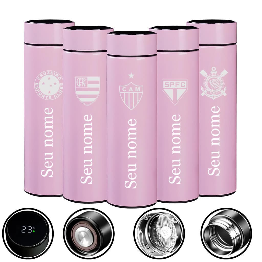 Garrafa ROSA térmica a Digital Personalizada Todas as Time + Nome  + Nome 500 ML Inox