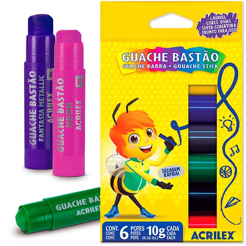 Guache Bastão Acrilex 6 Cores Têmpera 10g Lavável Escolar