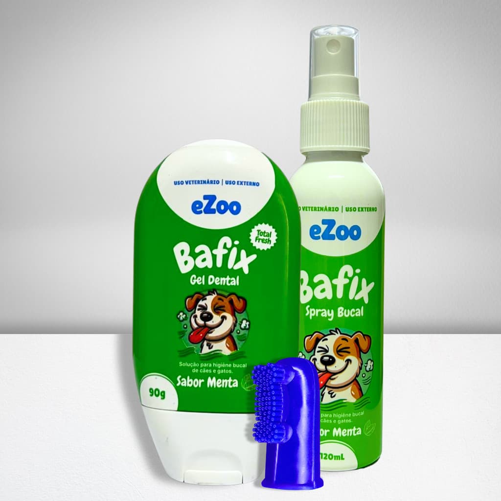 Kit Higiene Bucal Bafix eZoo Gel Dental Spray Bucal Escova Dente Dedeira para Cães e Gatos