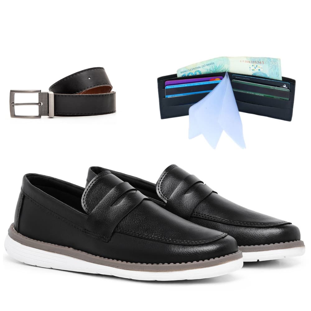 Kit Sapato Social Oxford Mocassim Masculino Original Confort Carteira E Cinto Dupla Face