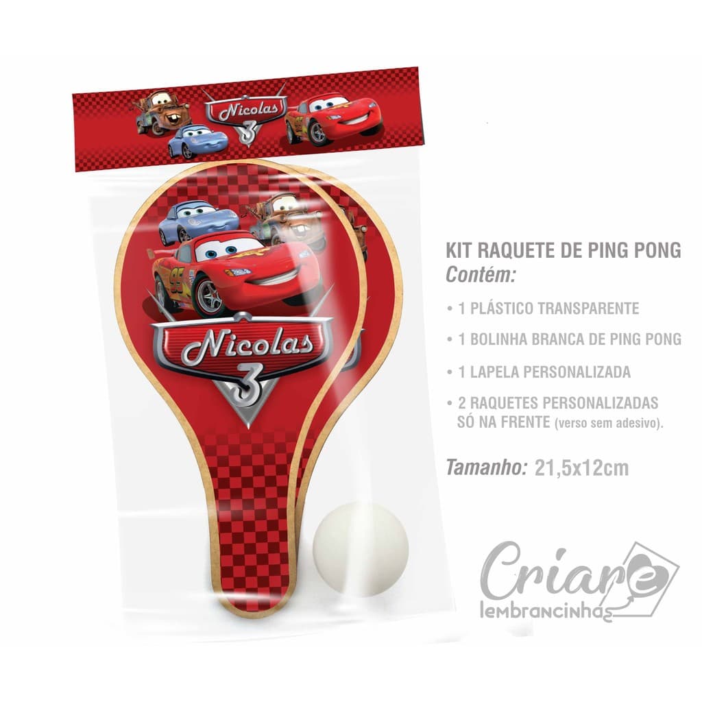 5, 10, 15 ou 20 unid - Kit Raquete De Ping Pong + bolinha - Carros Disney - Lembrancinha PERSONALIZADA