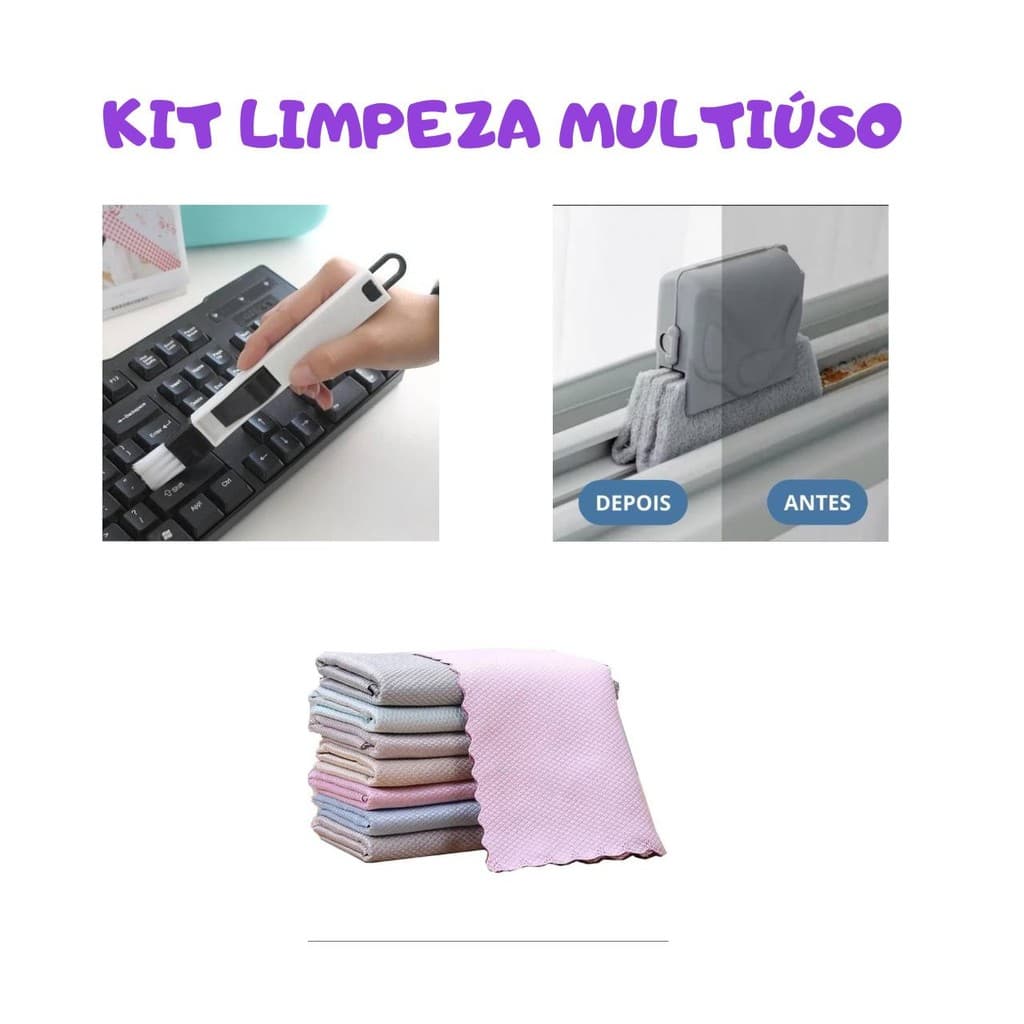 KIT LIMPEZA 1 ESCOVA MULTIFUNCIONAL, 1 MINI ESCOVA 2 EM 1 E 1 PANO ESCAMA