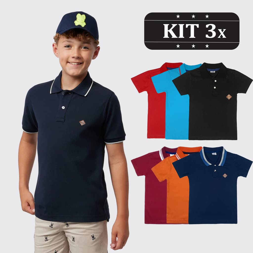 Kit 3 Camisa Polo Infantil Algodão Lisa Camiseta Meninos