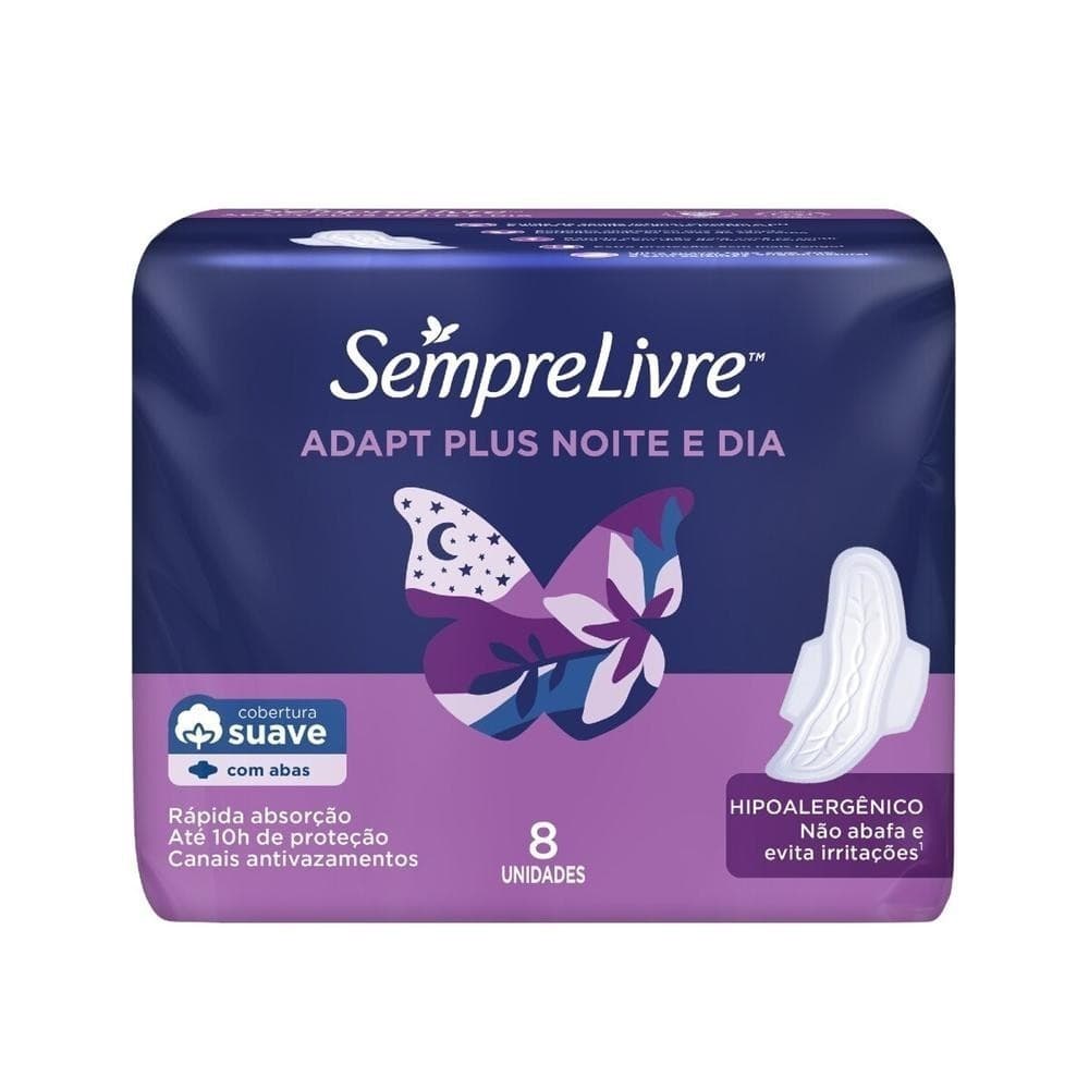 Absorvente Sempre Livre Adapt Plus Noite e Dia Suave com Abas 8 Unidades