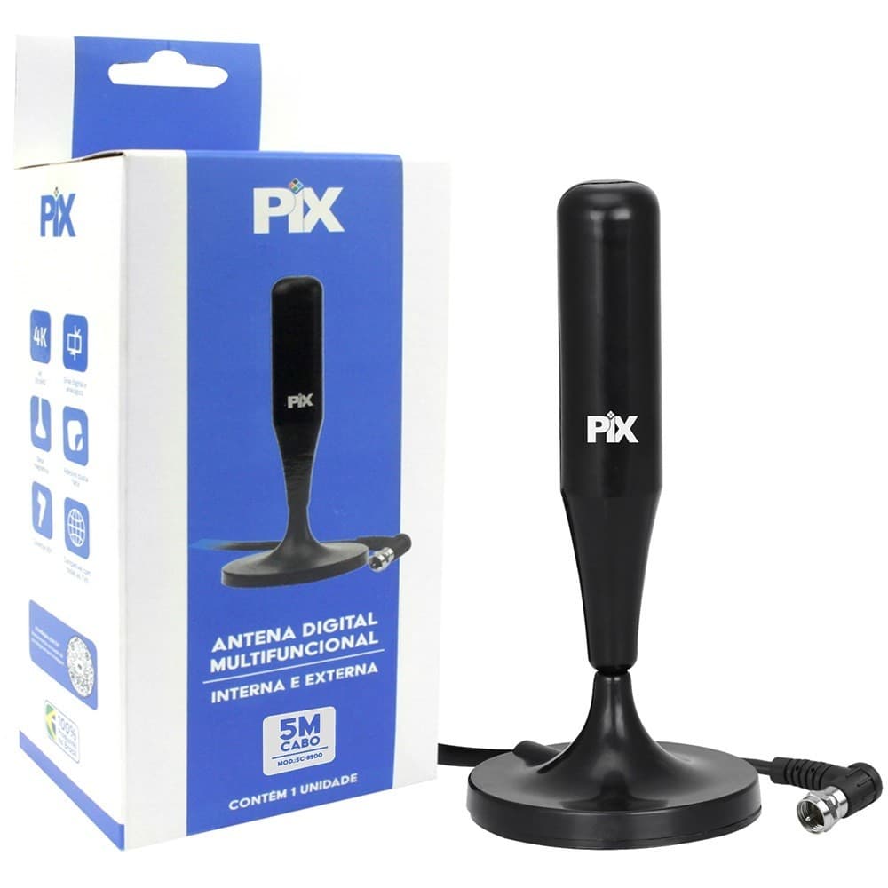 Antena Digital Interna Externa para TV HDTV 4K Base Com Imã e Plug 90 Graus Cabo 5 Metros PIX