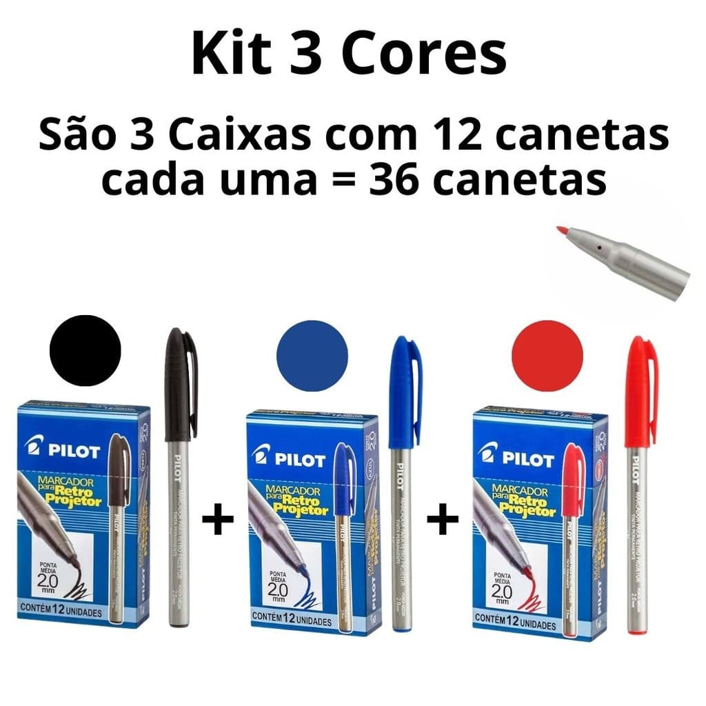 Kit 3 Caixas Caneta Permanente para CD/DVD 2.0 mm Ponta Fina Azul Preto Vermelho - 36 Canetas