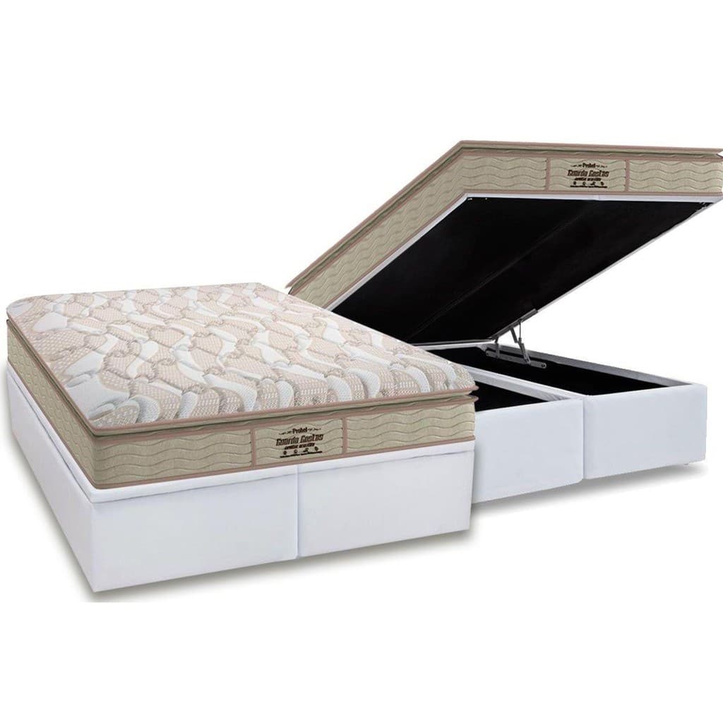 Cama Box Baú Queen: Colchão Anatômico Probel D33 / AG65 Guarda Costas Extreme Resistence Pillow Top + Base CRC Courano White(158x198)