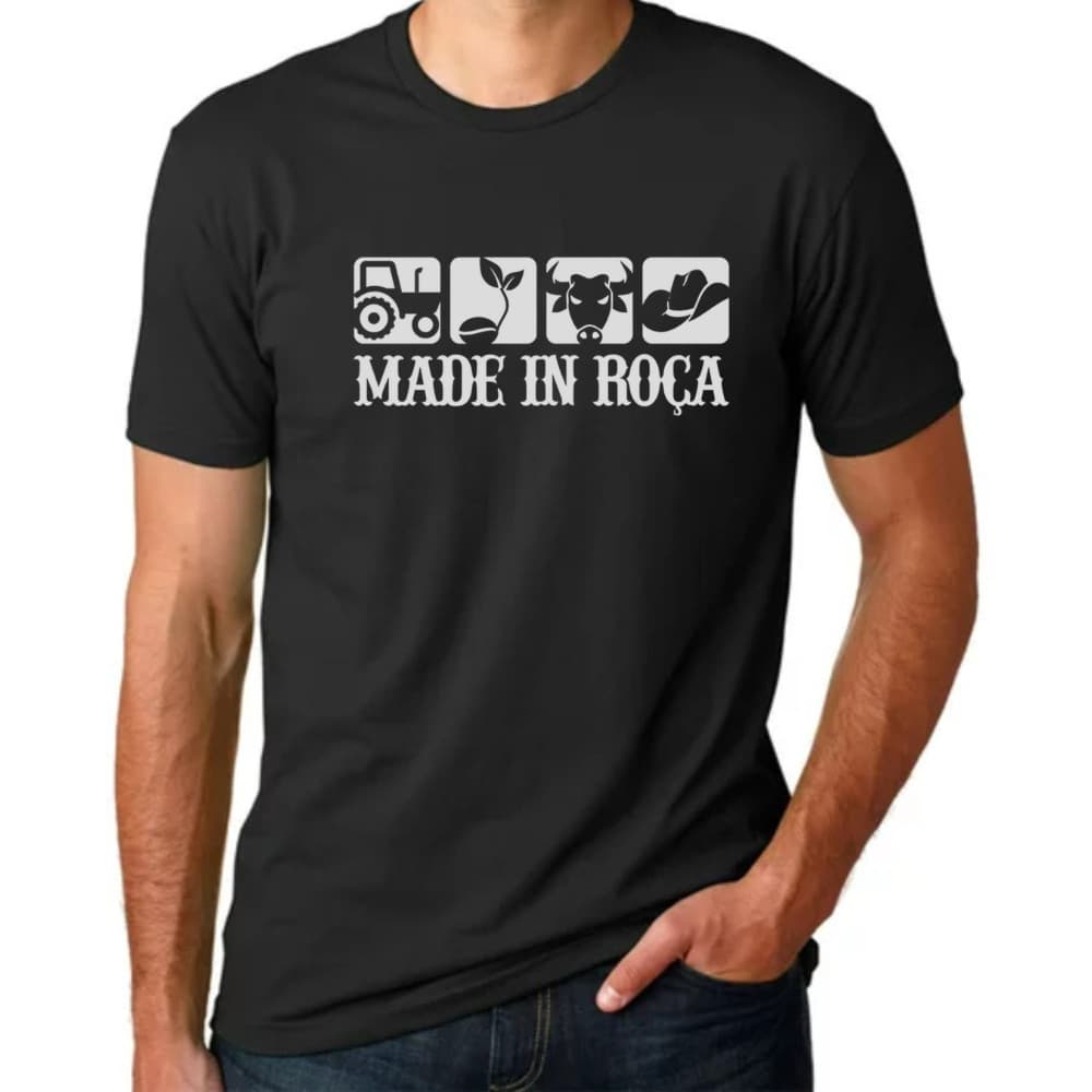 Camisa de algodão com estampa ' Made in Roça', estilo rural e rodeio