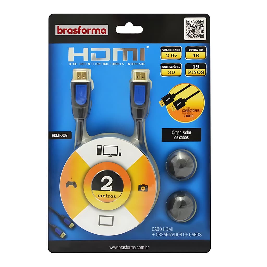 Cabo HDMI 2.0 4k 60Hz 2 mts Ultra HD - com organizador de cabo 19 pinos conectores banhados a ouro
