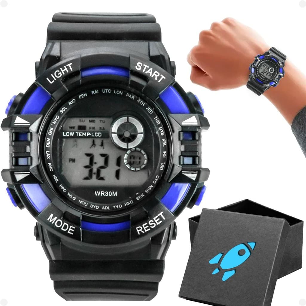 relogio infantil criança digital silicone menino + caixa presente adolescente azul esportivo preto