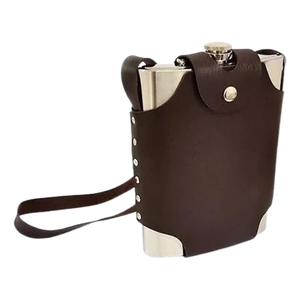 Cantil Porta Bebida Inox 500ml com Bolsa Couro E Alça Whisky Vodka Rum Vedação Completa