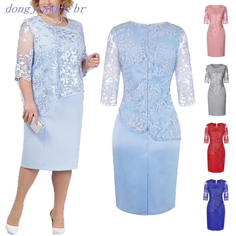 YYR-Vestido Midi Floral De Renda Com Manga Média Plus Size Para Festas