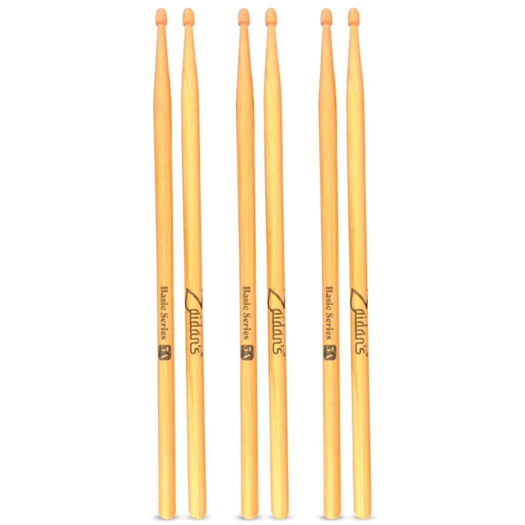 Kit 3 Baquetas Bateria 5A, 5B ou 7A Basic Series Ponta de Madeira Zaidan's
