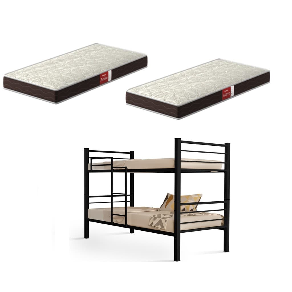 Beliche 100% Ferro/Aço Cristal Vira 2 Camas  Grade Proteção e Escada + 2 Colchões D-23 -Pelmex Preto