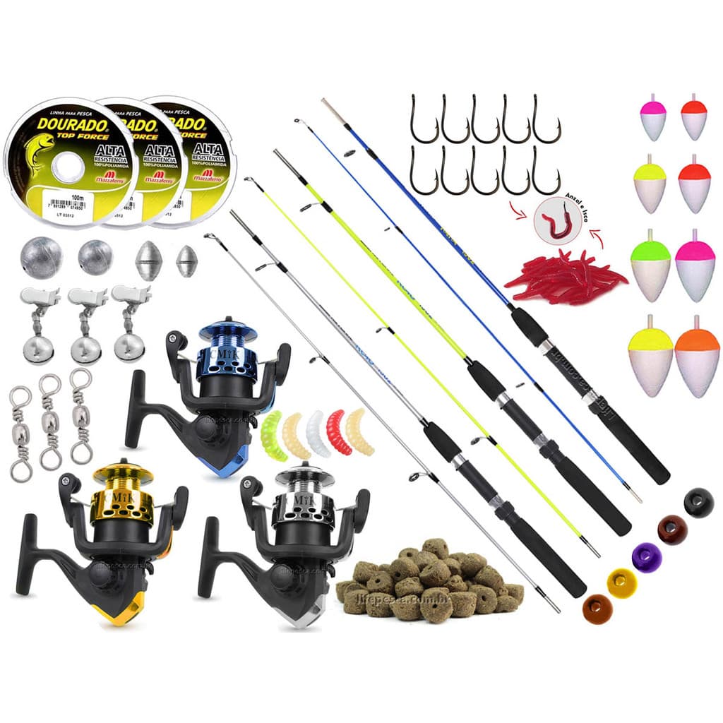Kit Para Pesca c/ 3 Varas Para Molinete 1,50m + 3 Molinetes + Tralhas (Ref. 100)