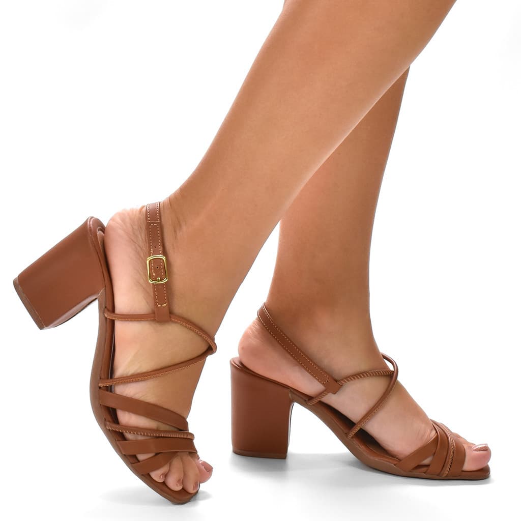 Sandália Feminina Tiras Salto Bloco Confortável Caramelo Estilo Moda Confortável