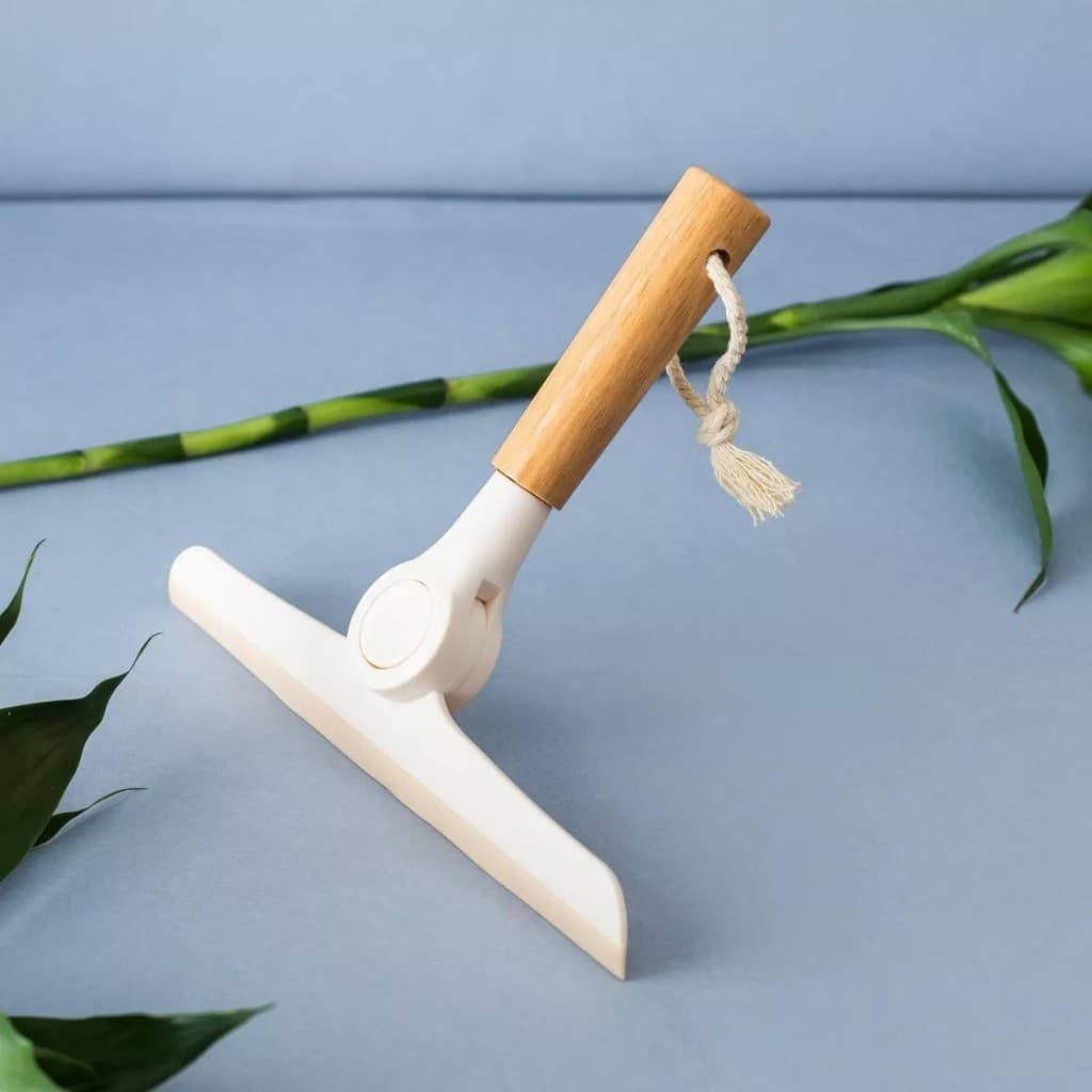 Rodo De Pia Dobrável Com Cabo Bambu Off White e Preto Rodinho Moderno Minimalista