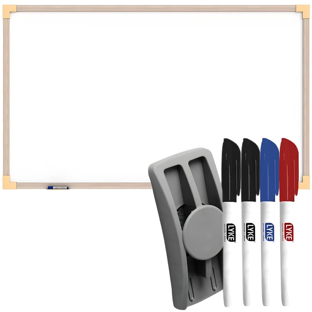 Quadro Branco 120x90cm Moldura Madeira Soft Prime Lousa Branca Escolar Lisa Com 4 Canetas Apagador